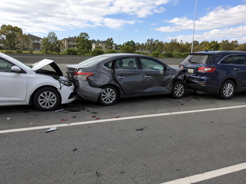 Three-car pileup accident aftermath on a Connecticut roadway